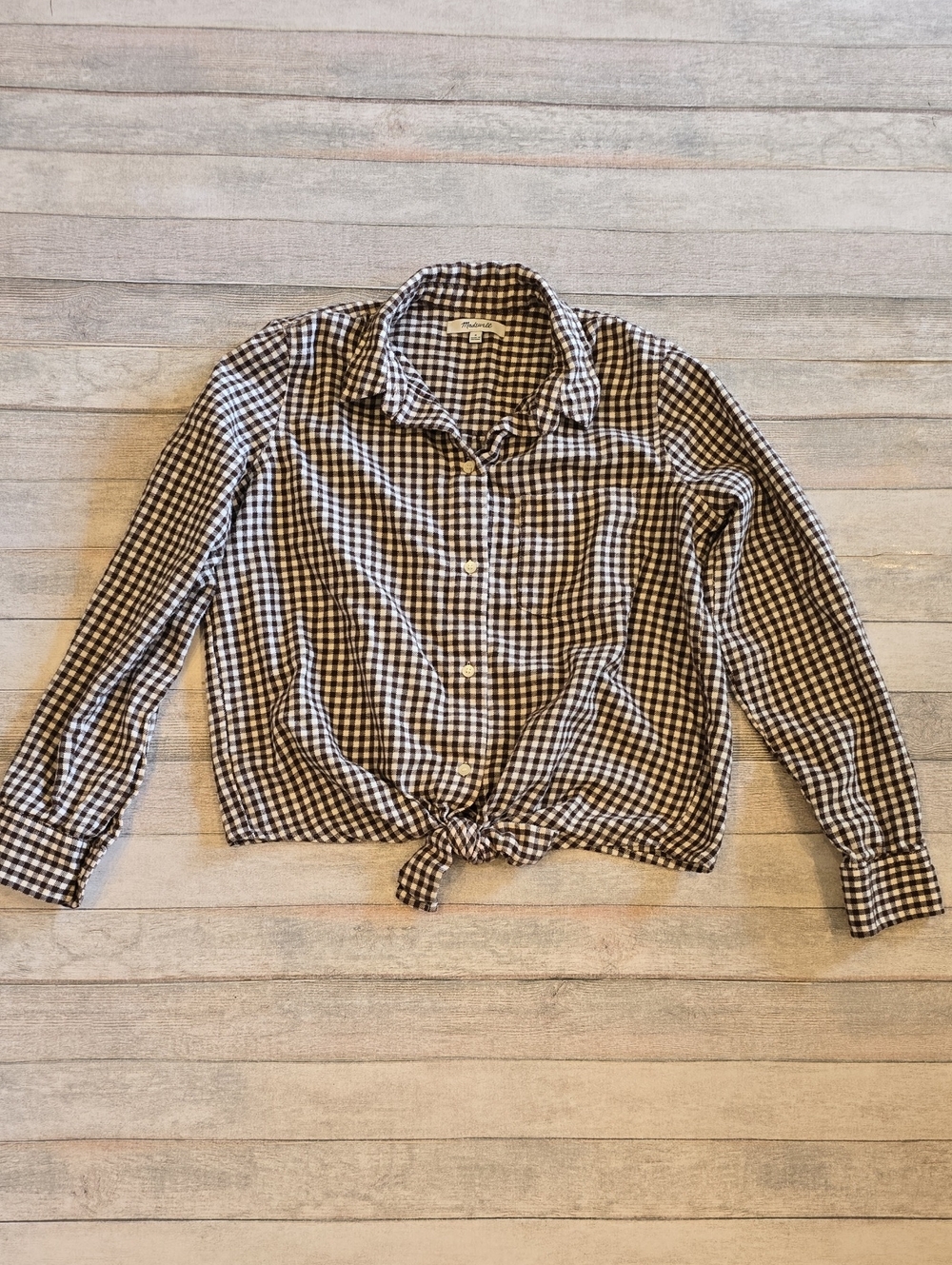 Madewell Brown and White Gingham Tie-Front Button-Down Shirt Sz Small Fall Wear